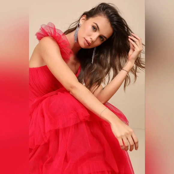 Lulus Fabulous Poise Bright Red Tulle Ruffled Tiered Maxi Dress Party Prom - Picture 6 of 11